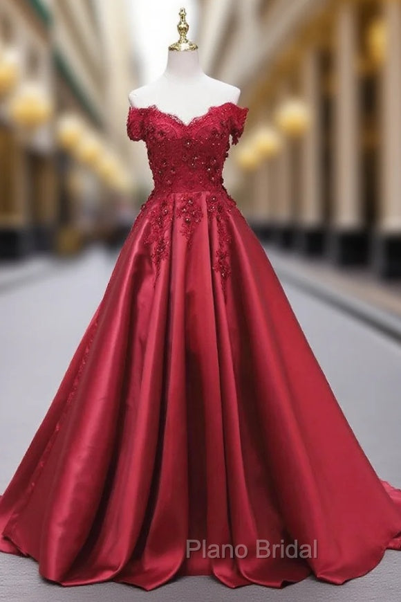 Burgundy Satin Off the Shoulder Appliques Formal Prom Dresses