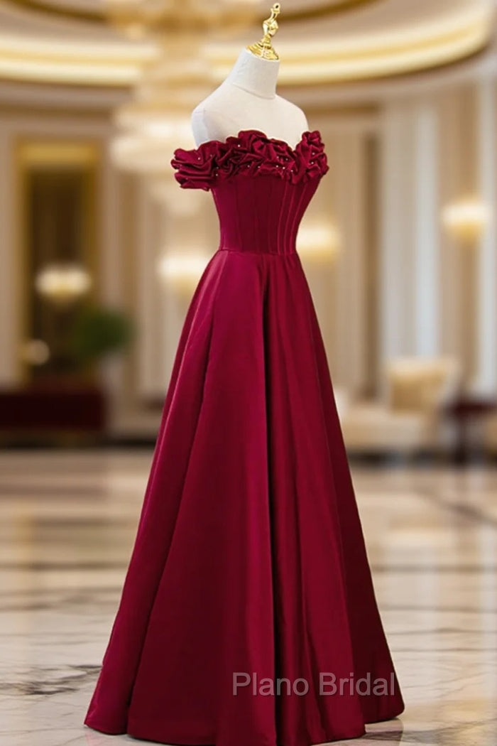 Burgundy Satin Off the Shoulder Beaded Long Formal Dresses, Burgundy A-Line Formal Prom Dresses Main image