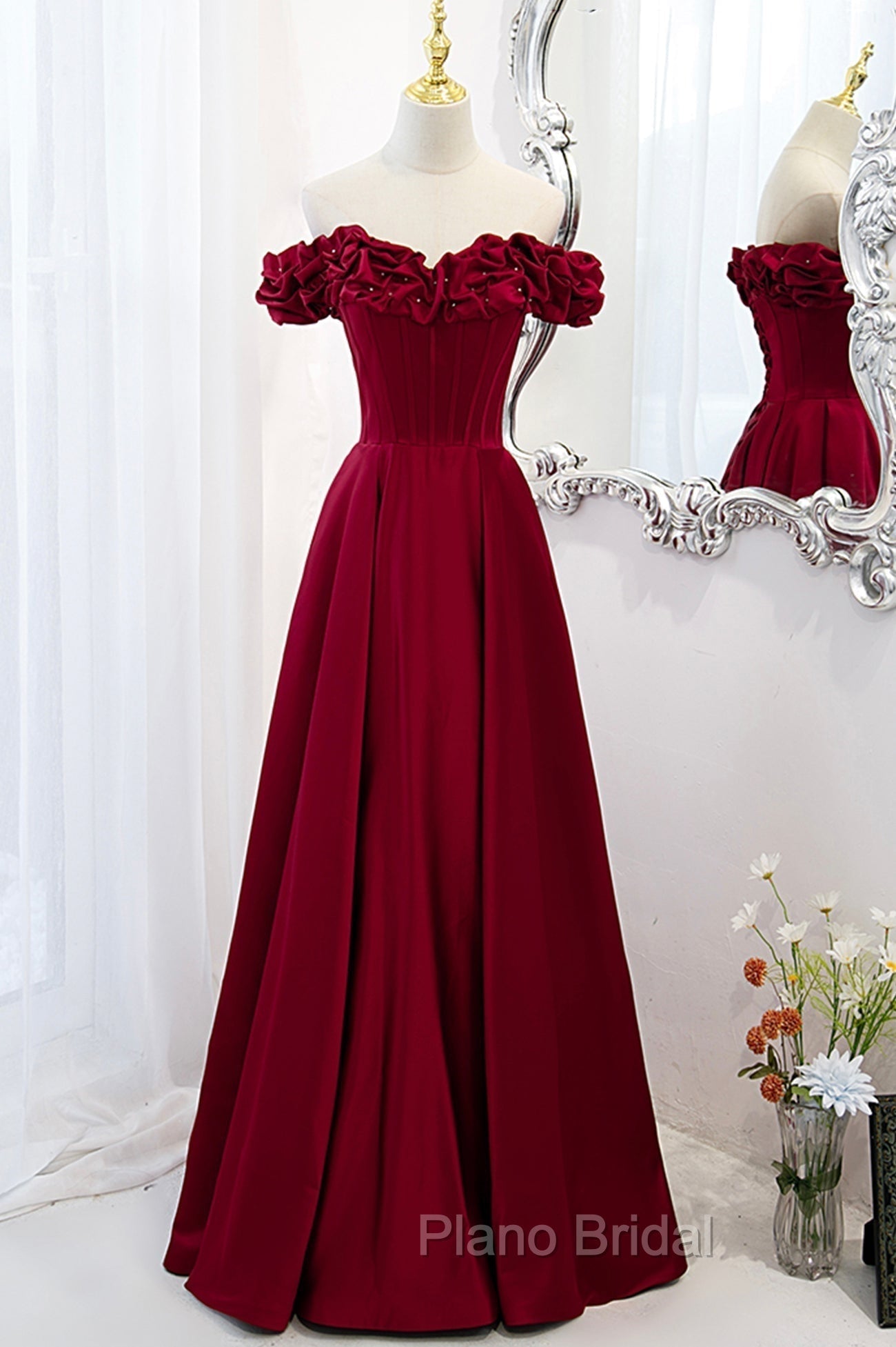 Burgundy Satin Off the Shoulder Beaded Long Formal Dresses, Burgundy A-Line Formal Prom Dresses Secondary image
