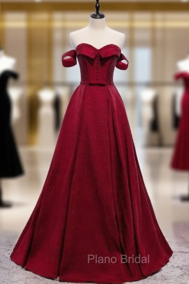 Burgundy Satin Off the Shoulder Beading Formal Prom Dresses Main image