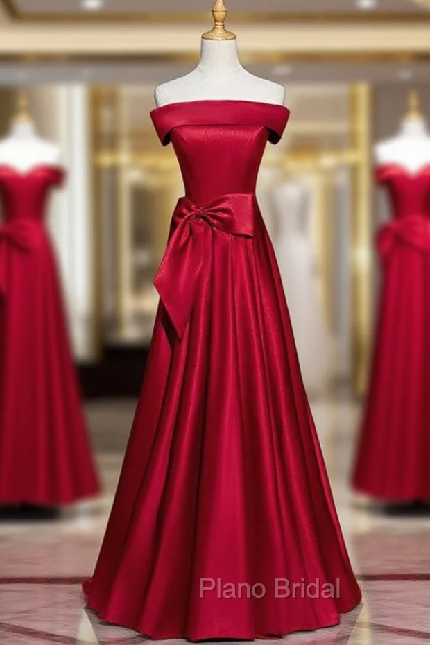 Burgundy Satin Off the Shoulder Bow Formal Prom Dresses Main image