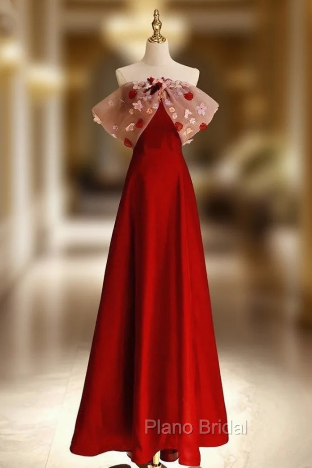 Burgundy Satin Off the Shoulder Flower Formal Prom Dresses Main image