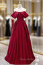 Burgundy Satin Off the Shoulder Long Formal Prom Dresses