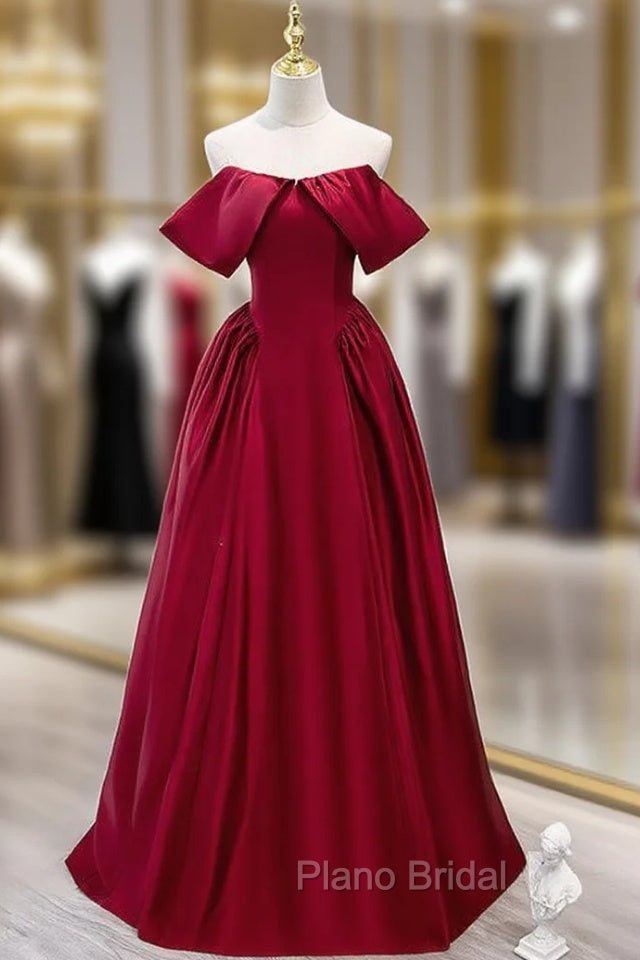Burgundy Satin Off the Shoulder Long Formal Prom Dresses Main image