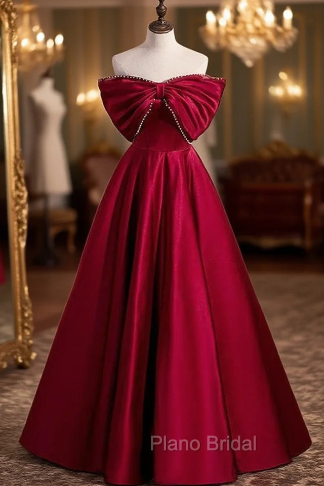 Burgundy Satin Off the Shoulder Pearls Bow Formal Prom Dresses Main image
