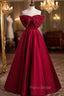 Burgundy Satin Off the Shoulder Pearls Bow Formal Prom Dresses