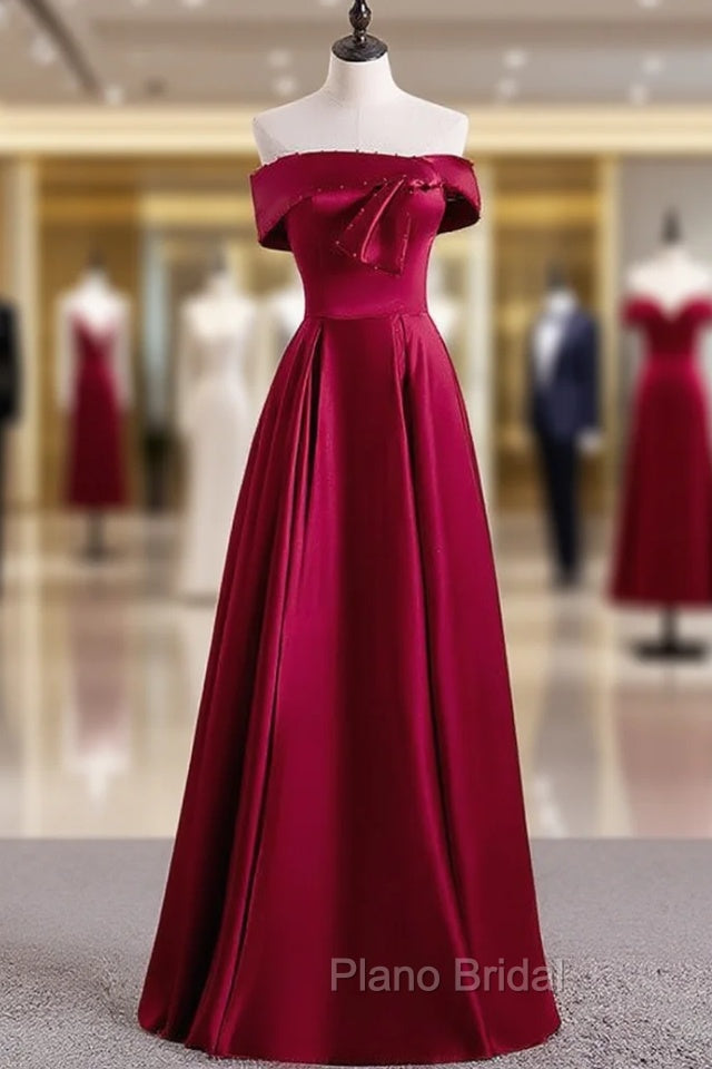 Burgundy Satin Off the Shoulder Pearls Formal Prom Dresses