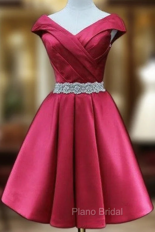 Burgundy Satin Off the Shoulder Pleats Beading Homecoming Dresses Main image