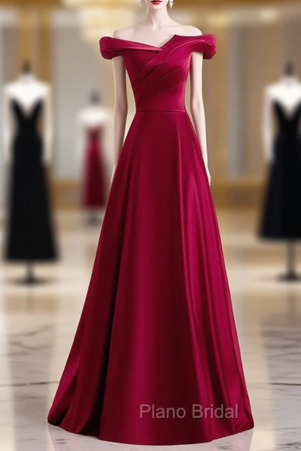 Burgundy Satin Off the Shoulder Pleats Long Formal Prom Dresses Main image
