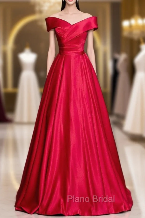 Burgundy Satin Off the Shoulder Pleats Formal Prom Dresses