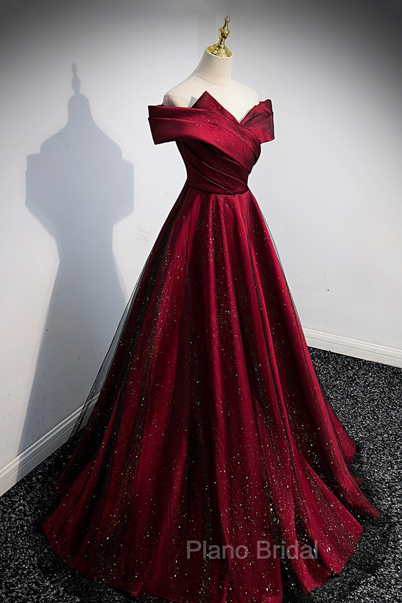 Burgundy Satin Off the Shoulder Formal Prom Dresses, A-Line Evening Graduation Dresses Secondary image