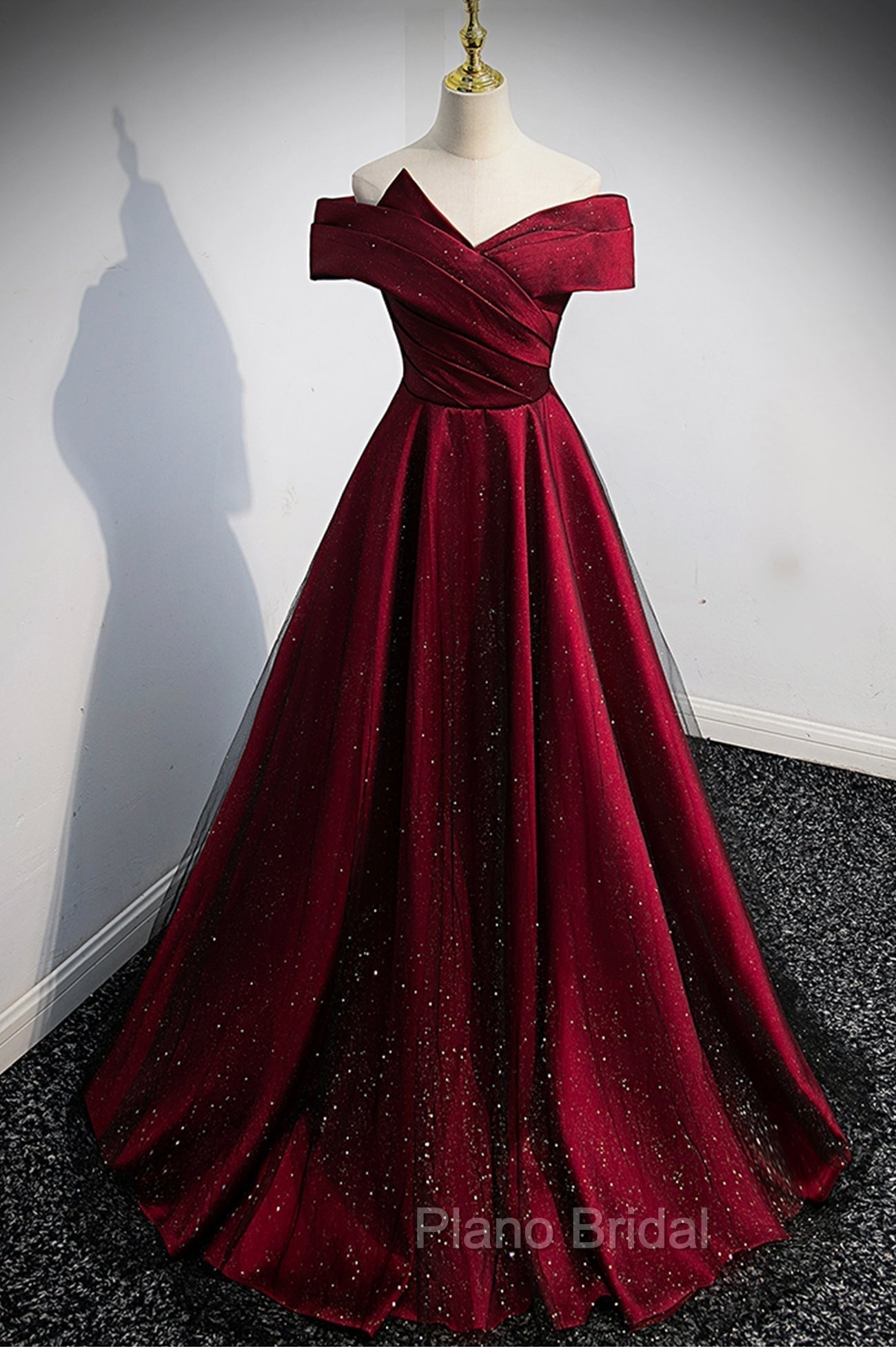 Burgundy Satin Off the Shoulder Formal Prom Dresses, A-Line Evening Graduation Dresses Main image