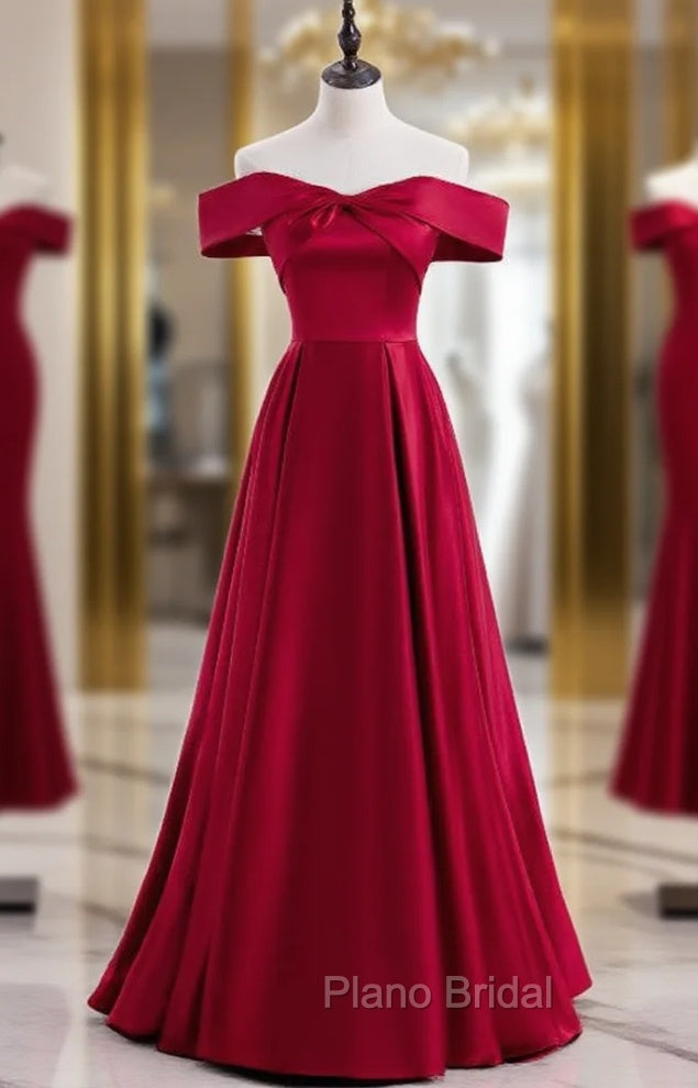 Burgundy Satin Off the Shoulder Formal Prom Dresses