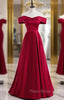 Burgundy Satin Off the Shoulder Formal Prom Dresses