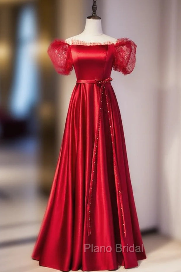 Burgundy Satin Off the Shoulder Puff Sleeve Beading Formal Prom Dresses