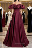 Burgundy Satin Off the Shoulder Puff Sleeve Pleats Formal Prom Dresses