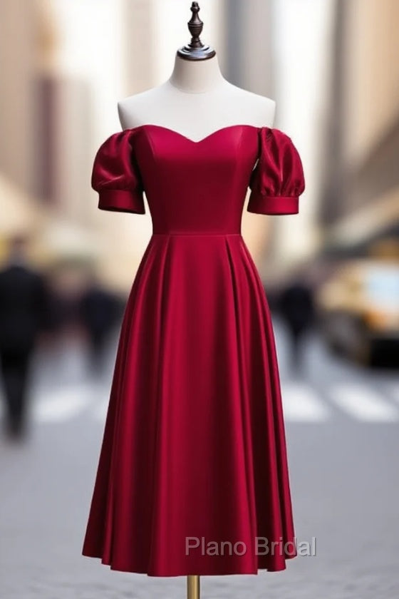 Burgundy Satin Off the Shoulder Puff Sleeve Formal Prom Dresses Main image