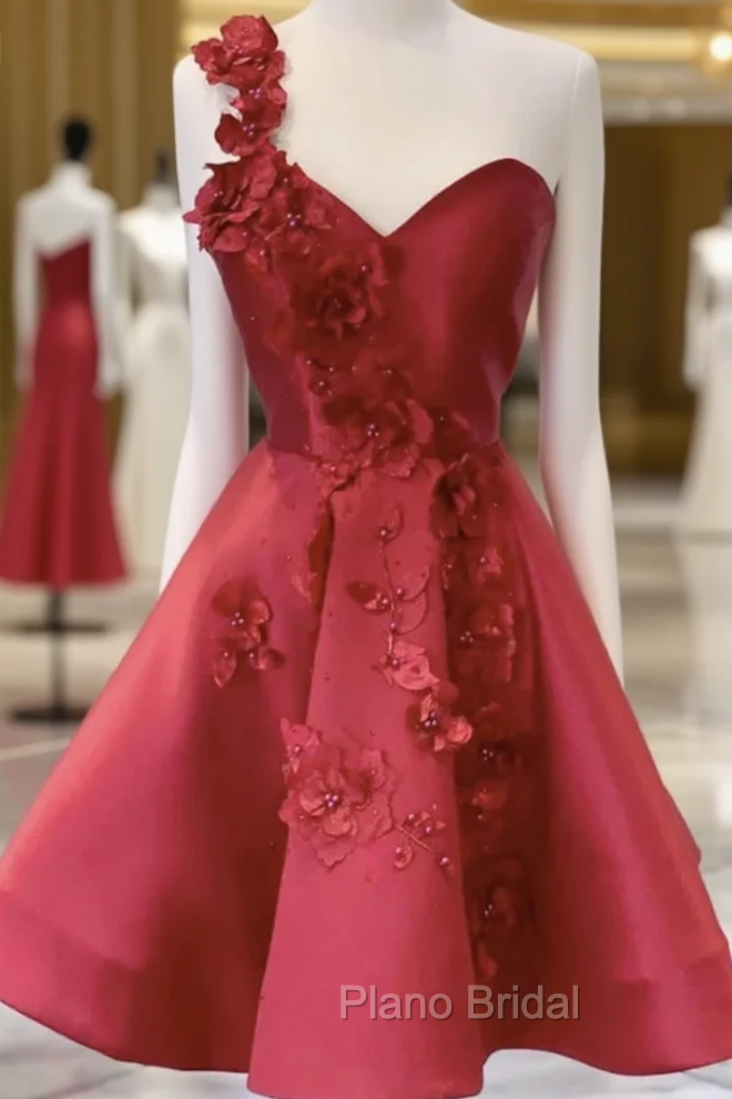 Burgundy Satin One Shoulder 3D Appliques Homecoming Dresses Main image