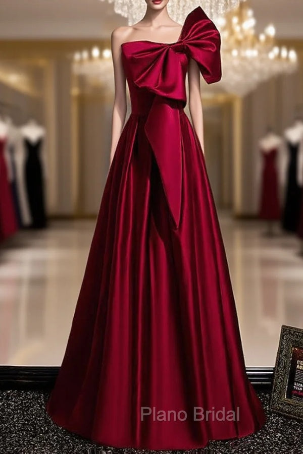 Burgundy Satin One Shoulder Bow Formal Prom Dresses Main image