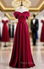 Burgundy Satin Pleats Off the Shoulder Pearls Formal Prom Dresses