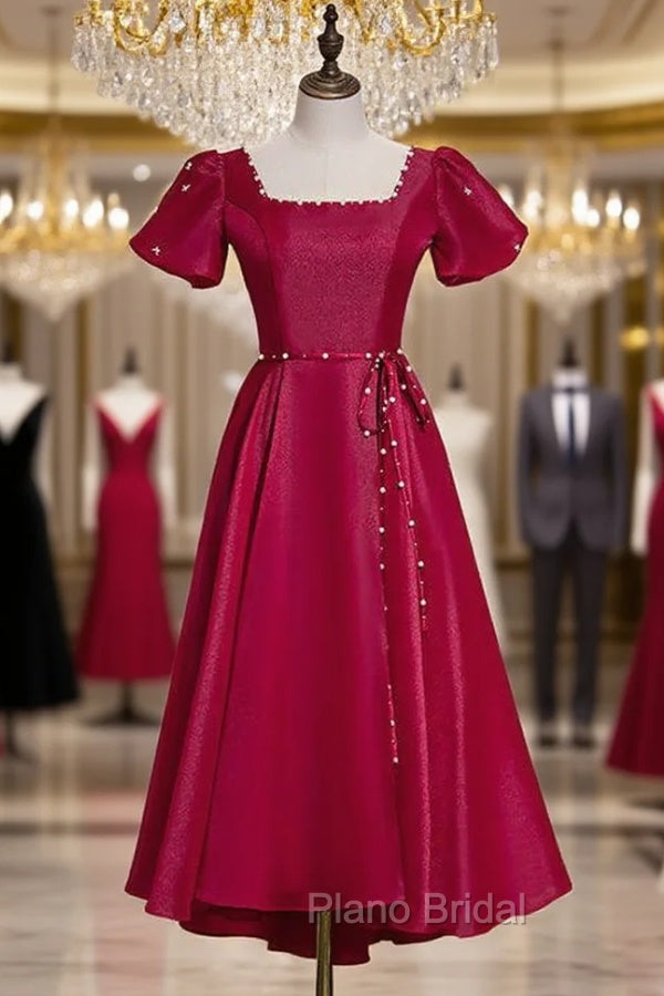 Burgundy Satin Puff Sleeve Backless Formal Prom Dresses