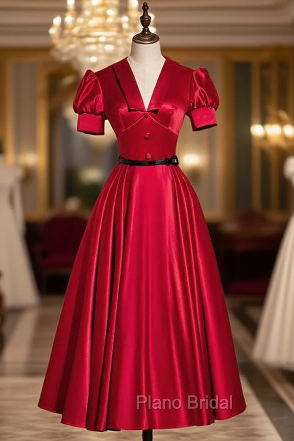 Burgundy Satin Puff Sleeve Backless Short Formal Prom Dresses Main image