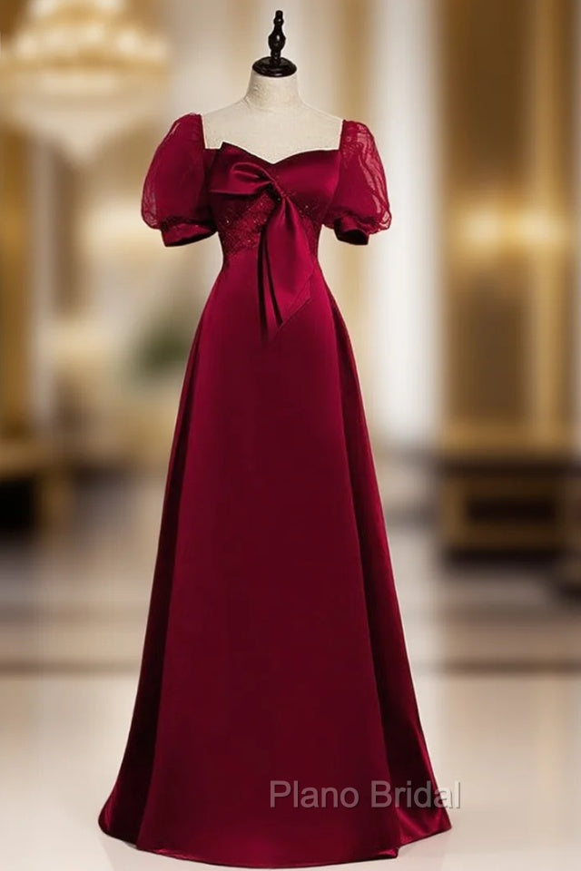 Burgundy Satin Puff Sleeve Beading Bow Formal Prom Dresses