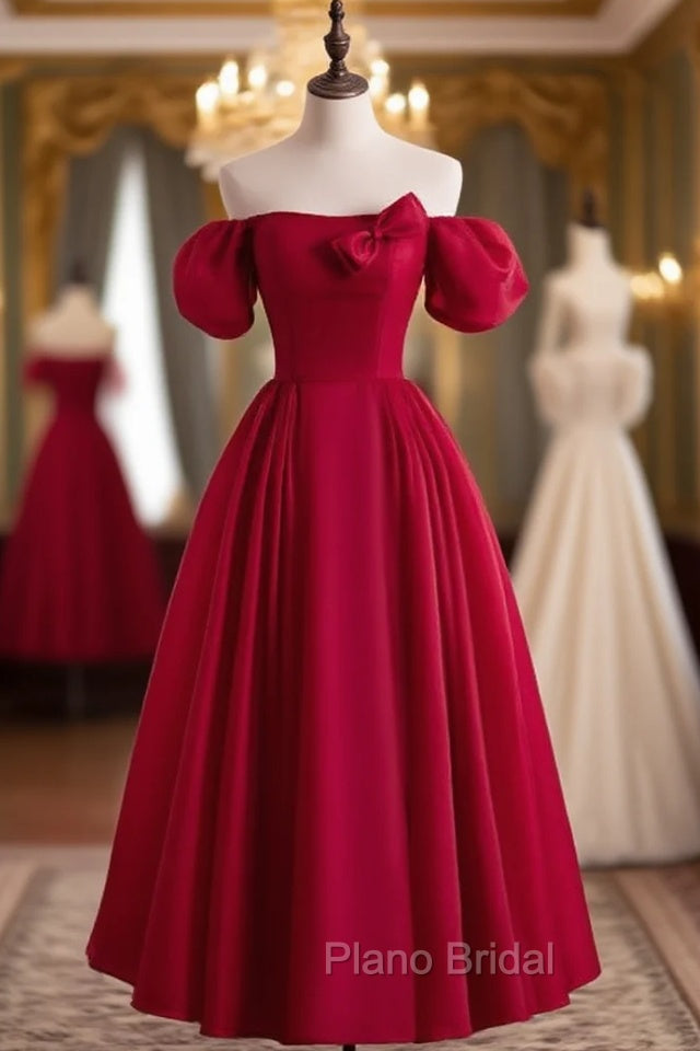 Burgundy Satin Puff Sleeve Bow Formal Prom Dresses
