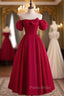 Burgundy Satin Puff Sleeve Bow Formal Prom Dresses