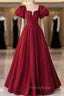 Burgundy Satin Puff Sleeve Pleats Formal Prom Dresses