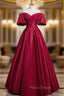 Burgundy Satin Puff Sleeve Formal Prom Dresses