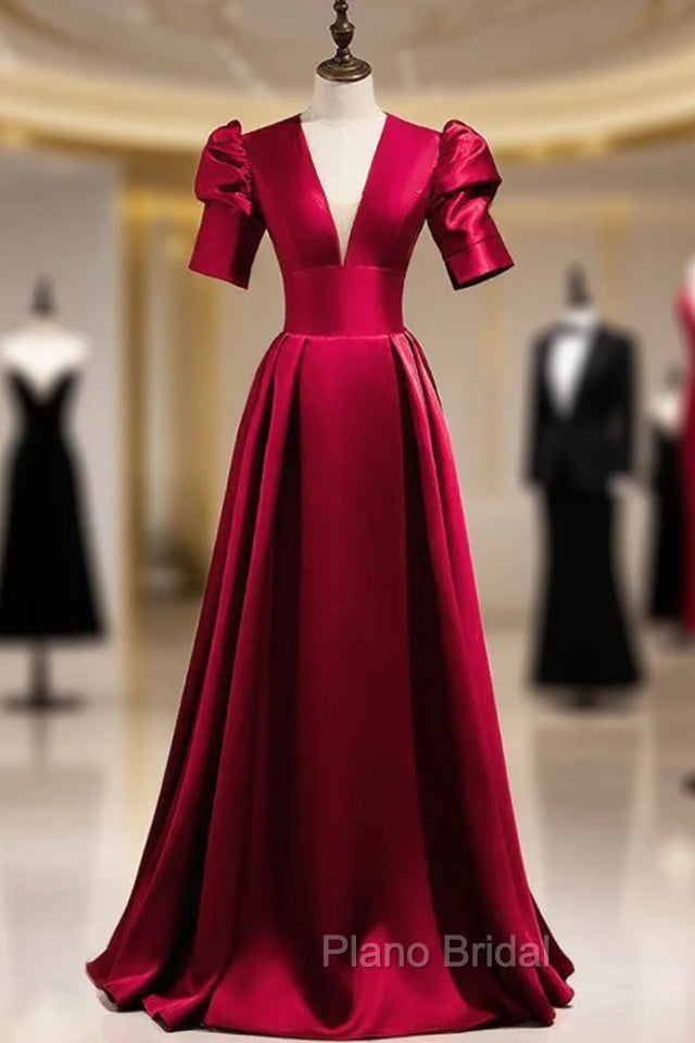 Burgundy Satin Puff Sleeve V-neck Backless Formal Prom Dresses