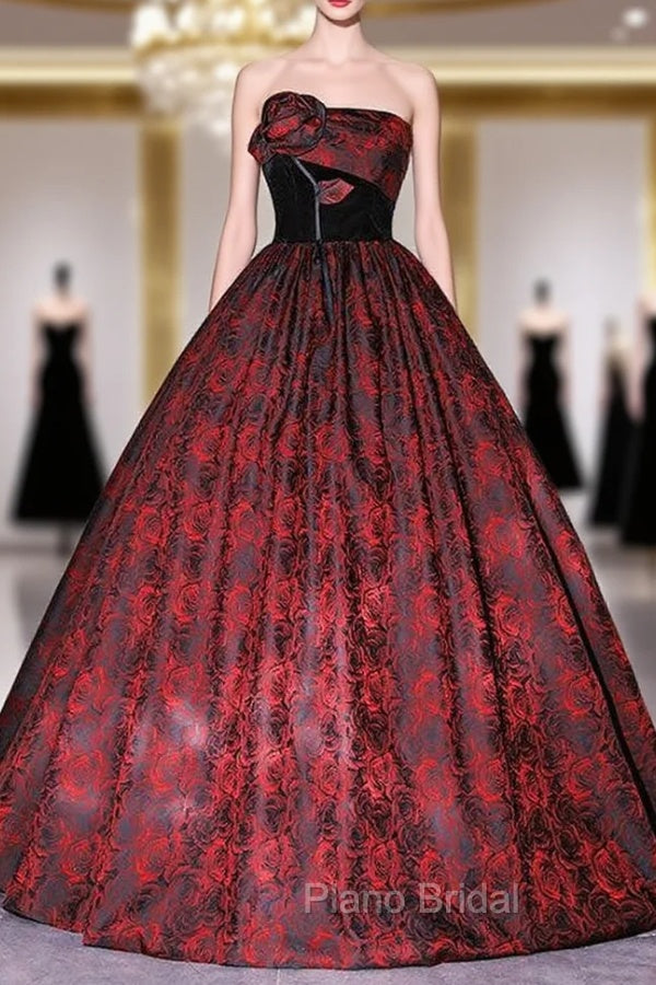 Burgundy Satin Rose Print Strapless Quinceanera Dresses