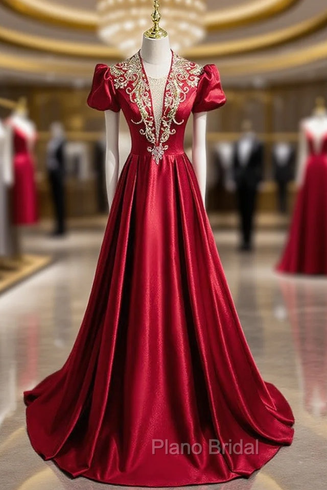 Burgundy Satin Sequins Beading Short Sleeve Formal Prom Dresses Main image