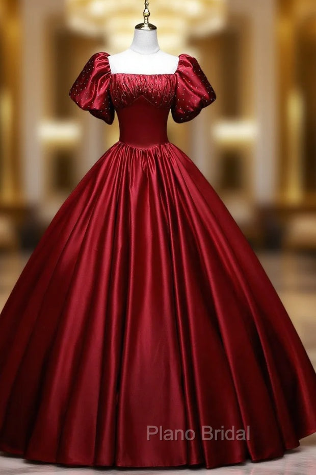 Burgundy Satin Sequins Puff Sleeve Quinceanera Dresses Main image