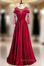 Burgundy Satin Short Sleeve Beading Backless Formal Prom Dresses