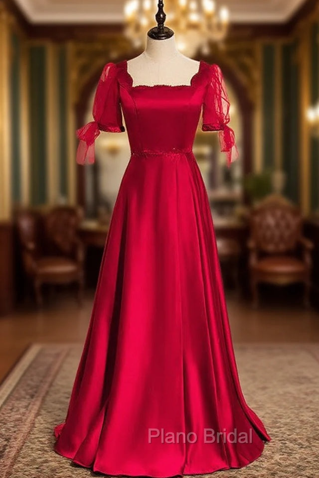 Burgundy Satin Short Sleeve Beading Formal Prom Dresses Main image