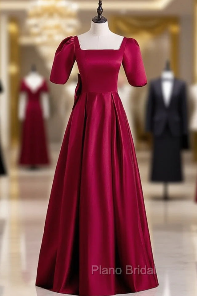 Burgundy Satin Short Sleeve Bow Formal Prom Dresses
