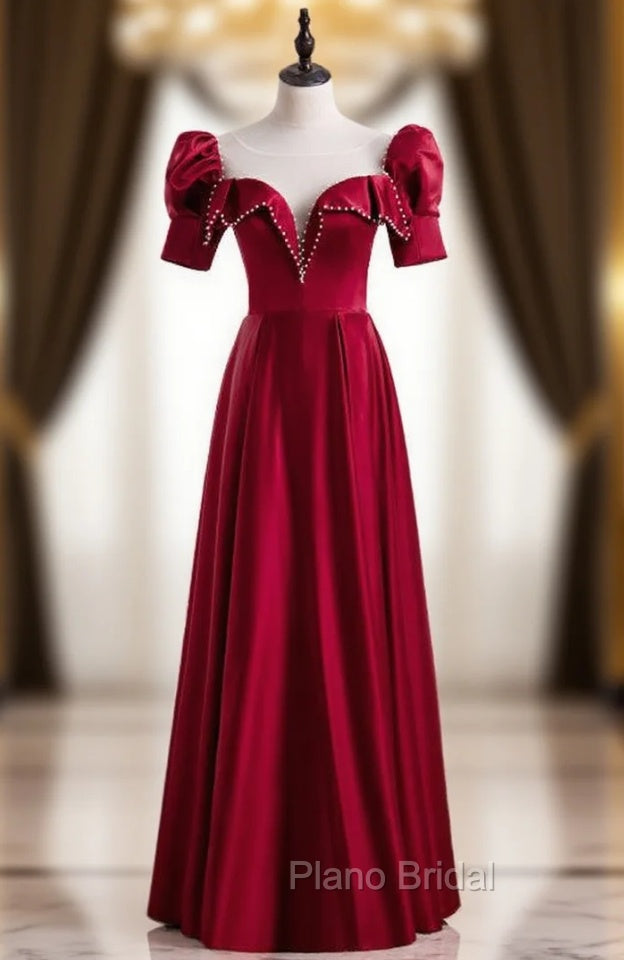 Burgundy Satin Short Sleeve Pearls Formal Prom Dresses