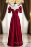 Burgundy Satin Short Sleeve Pearls Formal Prom Dresses