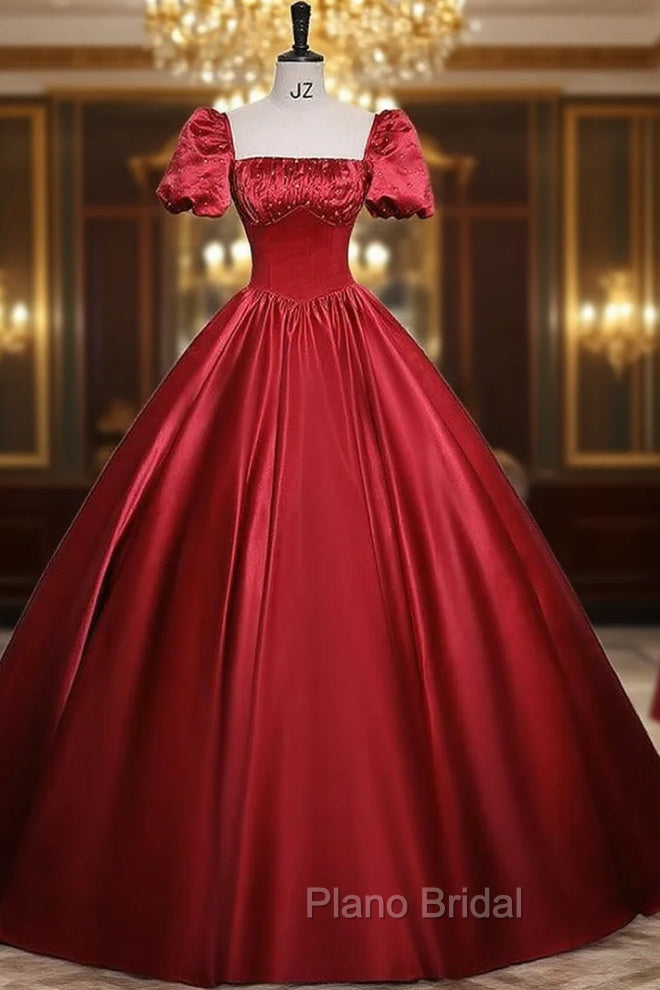Burgundy Satin Short Sleeve Pleats Formal Prom Dresses