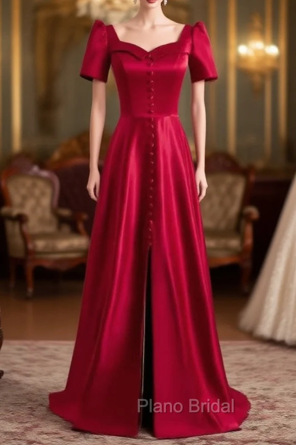 Burgundy Satin Short Sleeve Formal Prom Dresses With Split Main image