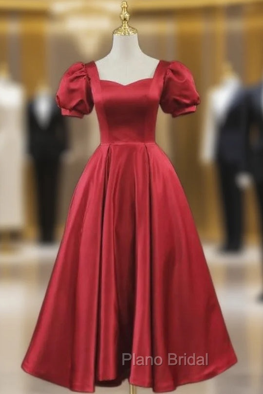 Burgundy Satin Short Sleeve Formal Prom Dresses Main image
