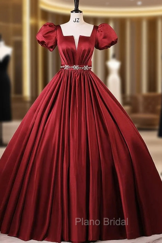 Burgundy Satin Short Sleeve Puff Sleeve Quinceanera Dresses