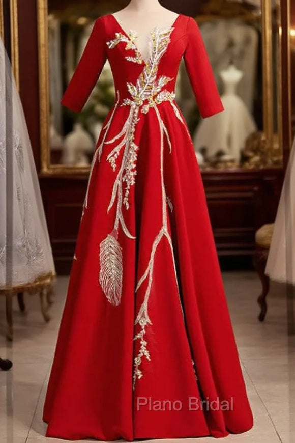 Burgundy Satin Short Sleeve Sequins Appliques Formal Prom Dresses