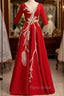 Burgundy Satin Short Sleeve Sequins Appliques Formal Prom Dresses