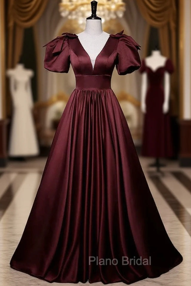 Burgundy Satin Short Sleeve V-neck Formal Prom Dresses Main image