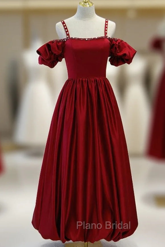Burgundy Satin Spaghetti Straps Beading Backless Formal Prom Dresses Main image