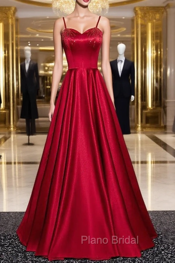 Burgundy Satin Spaghetti Straps Beading Formal Prom Dresses