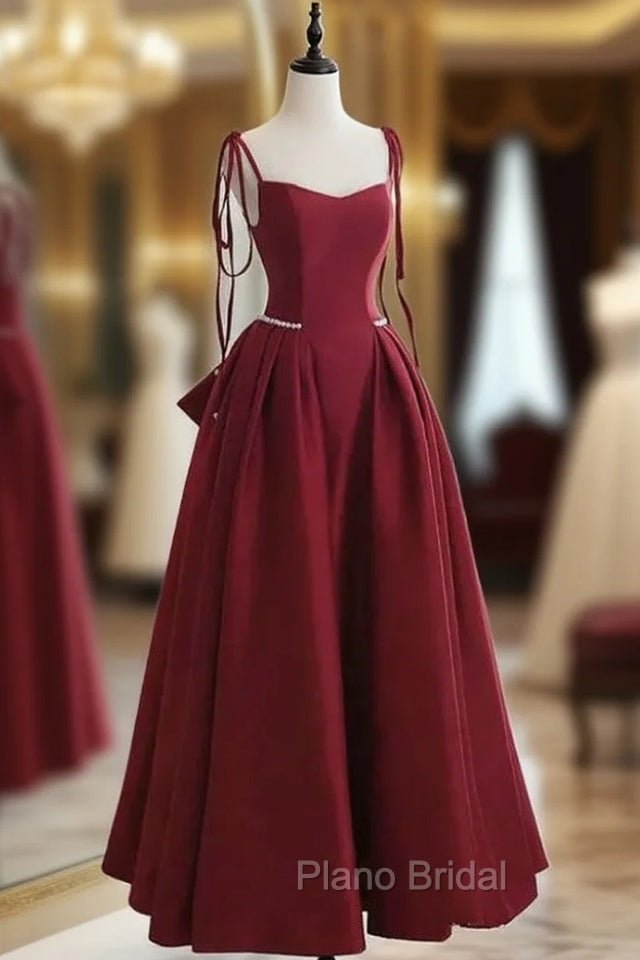 Burgundy Satin Spaghetti Straps Bow Formal Prom Dresses Main image